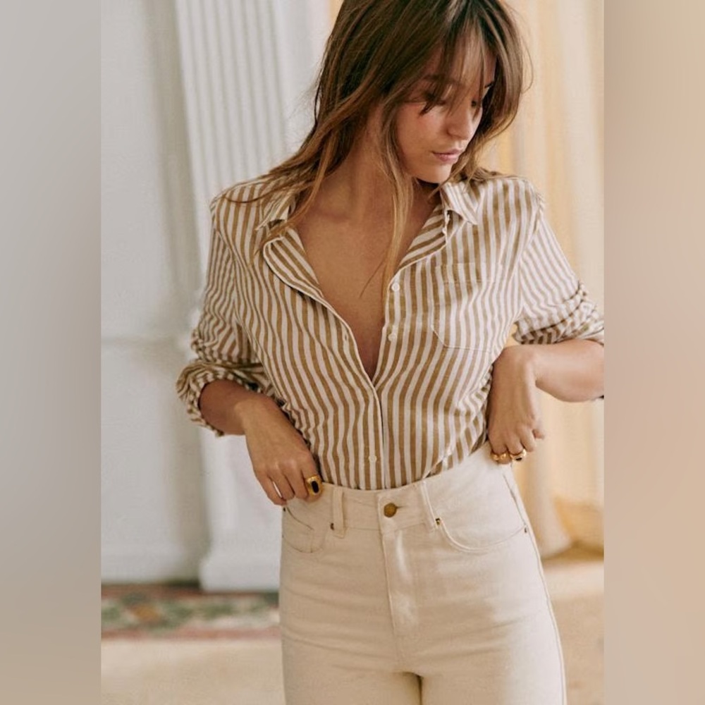 Sézane Tomboy Shirt in Ecru Camel Stripes FR 42 / US 10 / XL - Picture 5 of 16